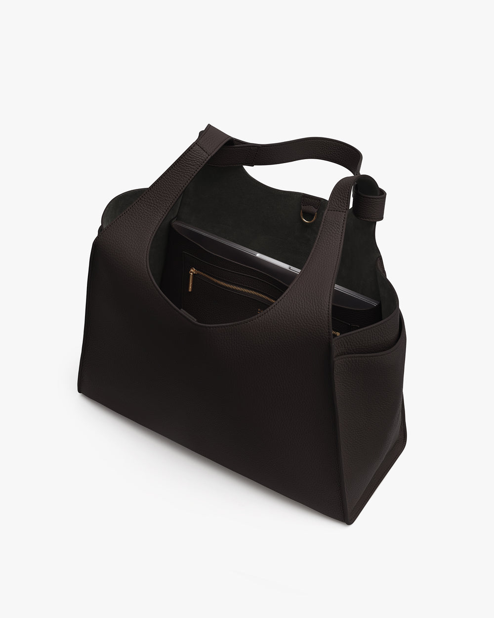 Open tote bag with a laptop and zipper pocket inside