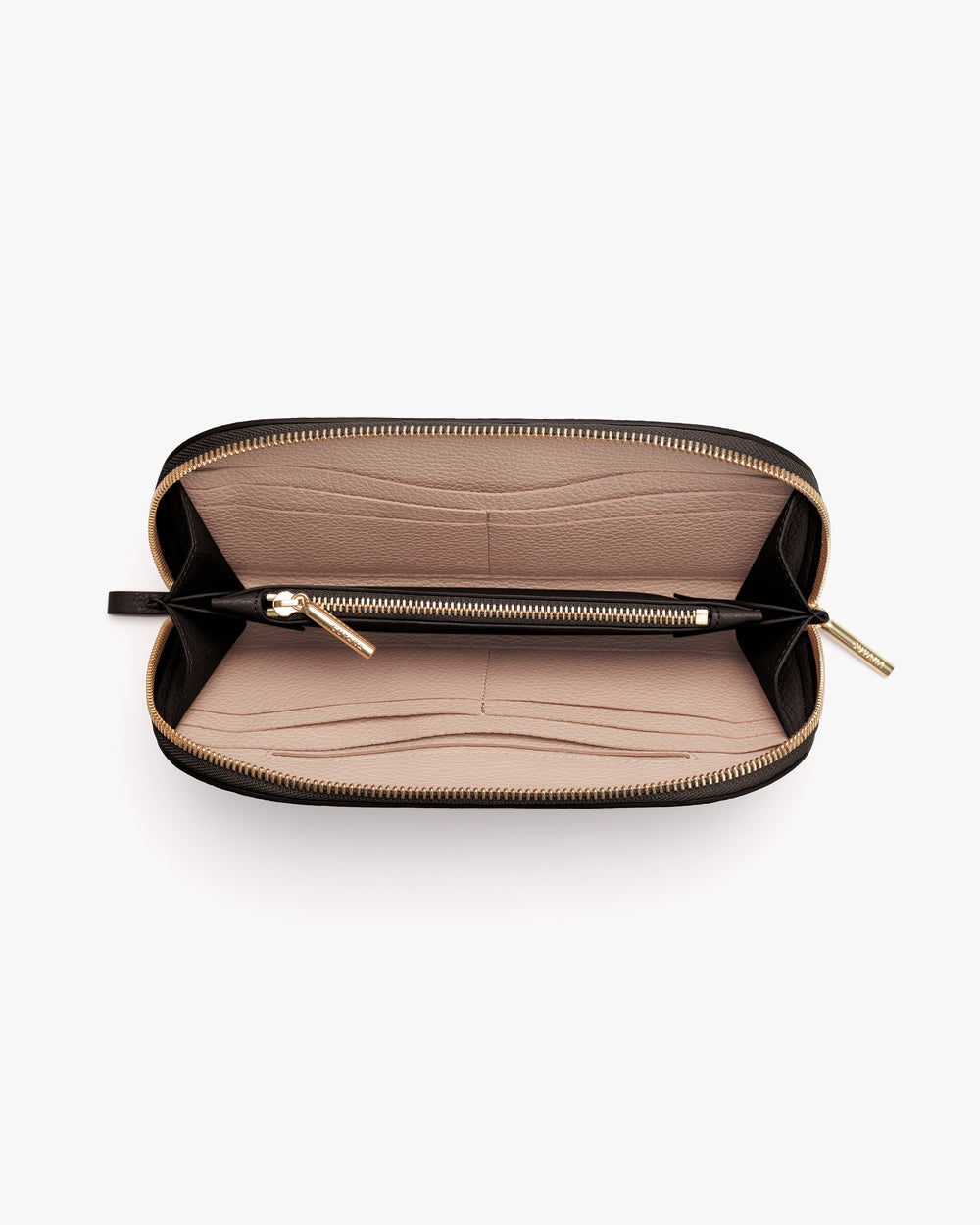Open wallet with multiple card slots and a zippered compartment.