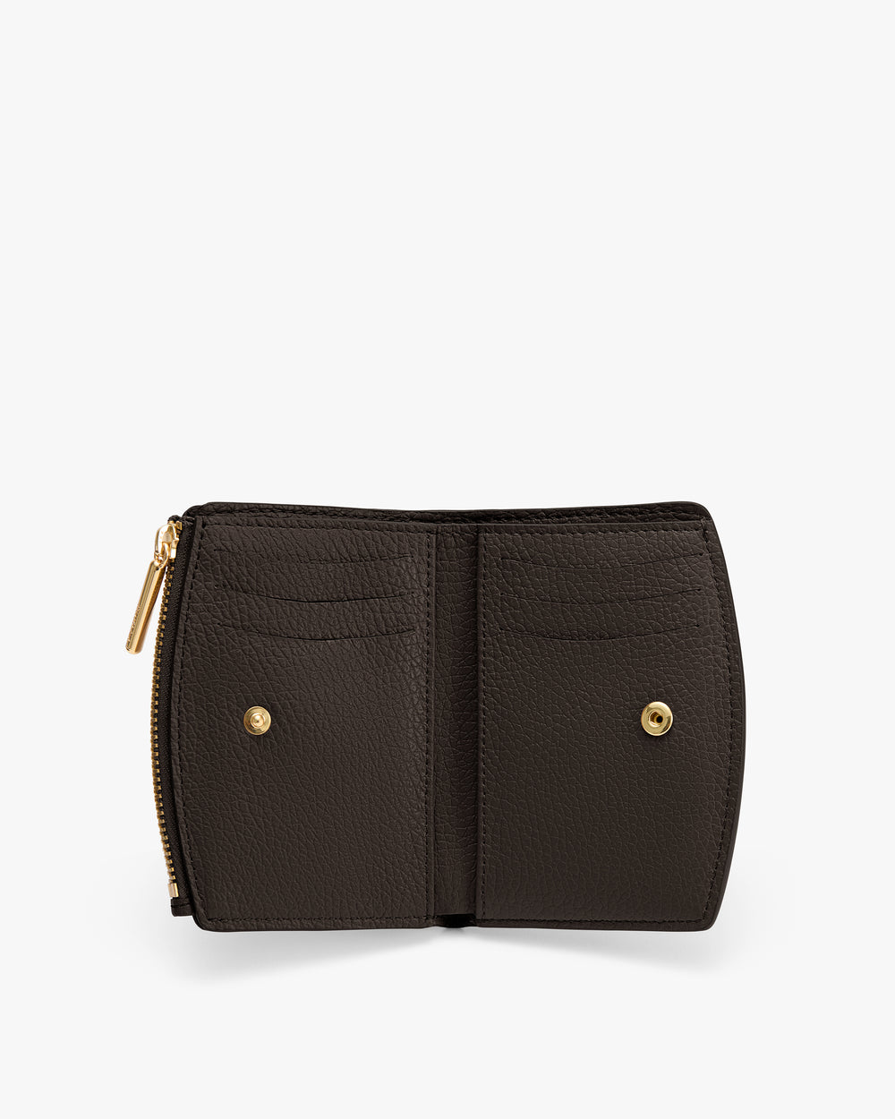 Wallet with a zipper and snap buttons, featuring card slots.