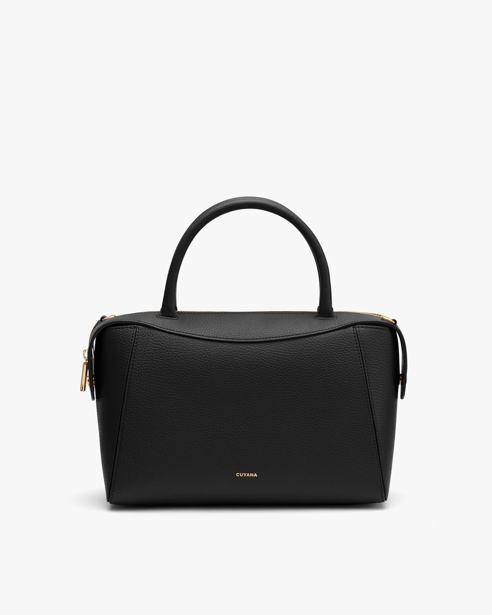 Handbag with top handles and gold accents on a plain background.