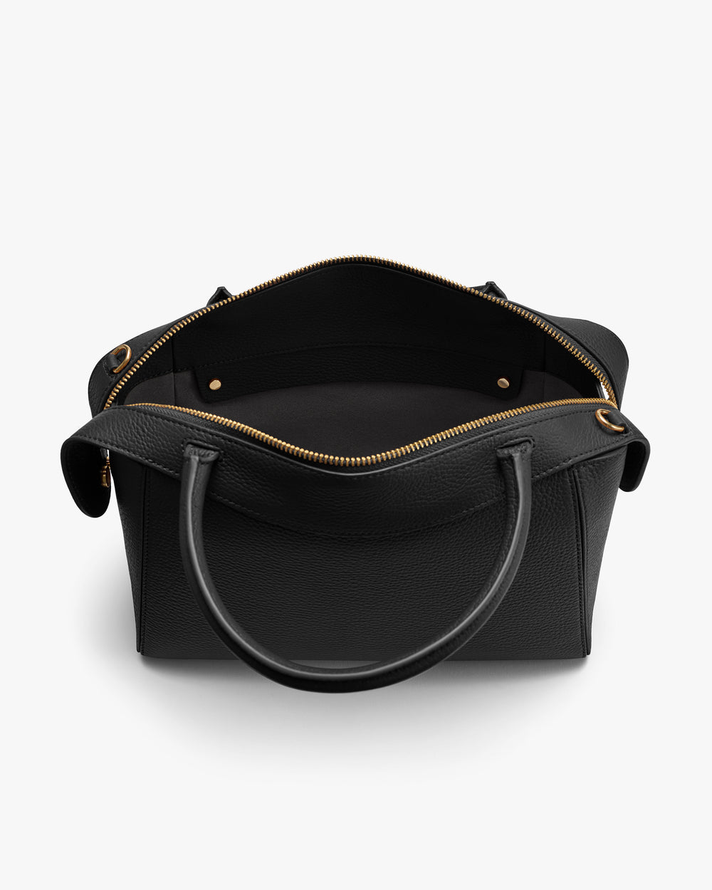 Open top view of a handbag with two handles and a zippered closure