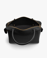 Open top view of a handbag with two handles and a zippered closure