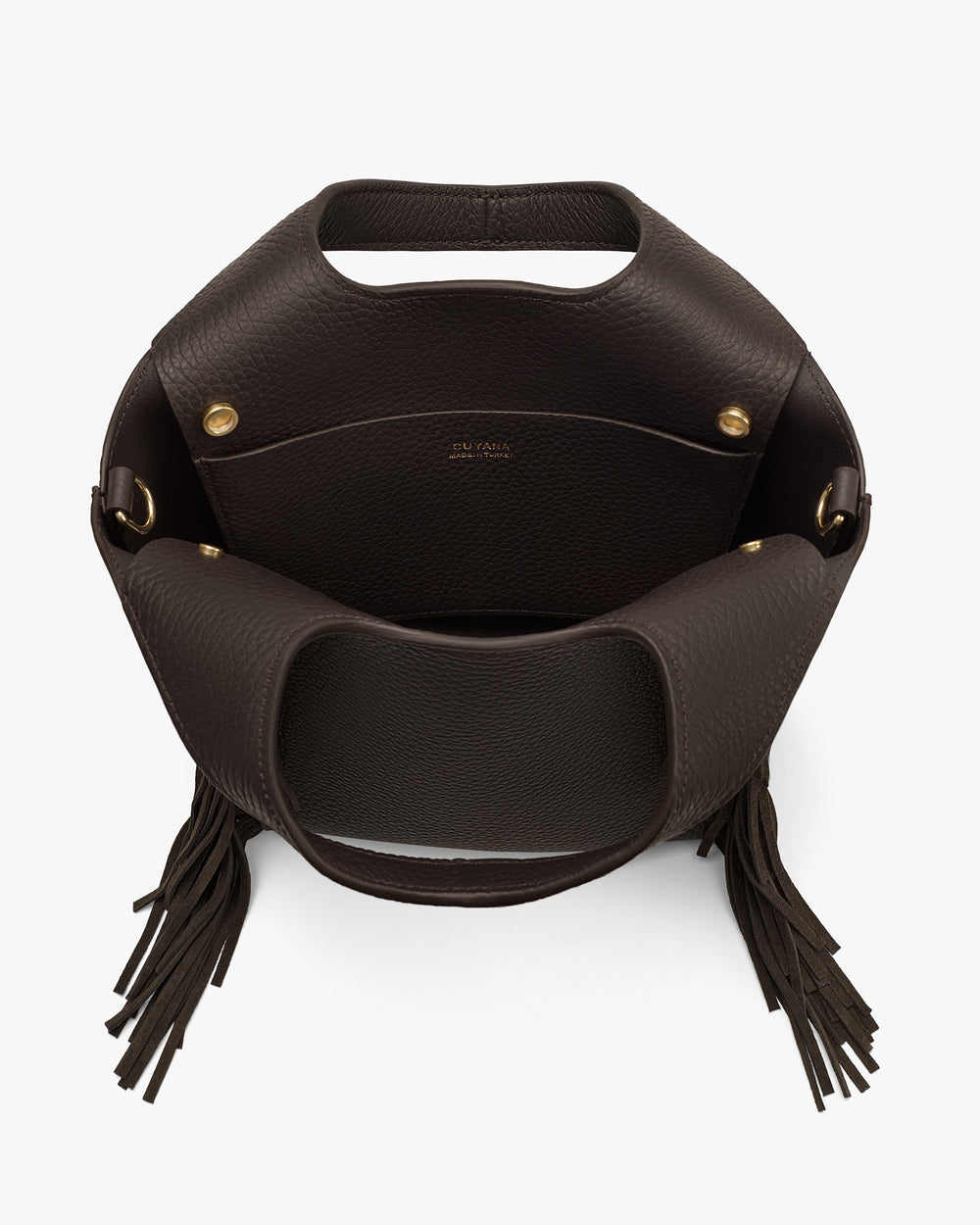 Open top view of a fringed handbag with a handle and gold snaps.