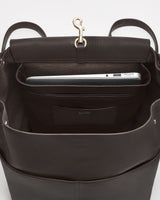 Open tote bag with laptop inside and a hook clasp at the top.