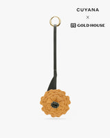 Flower-shaped keychain with ring and strap on display. Logos in upper right corner.