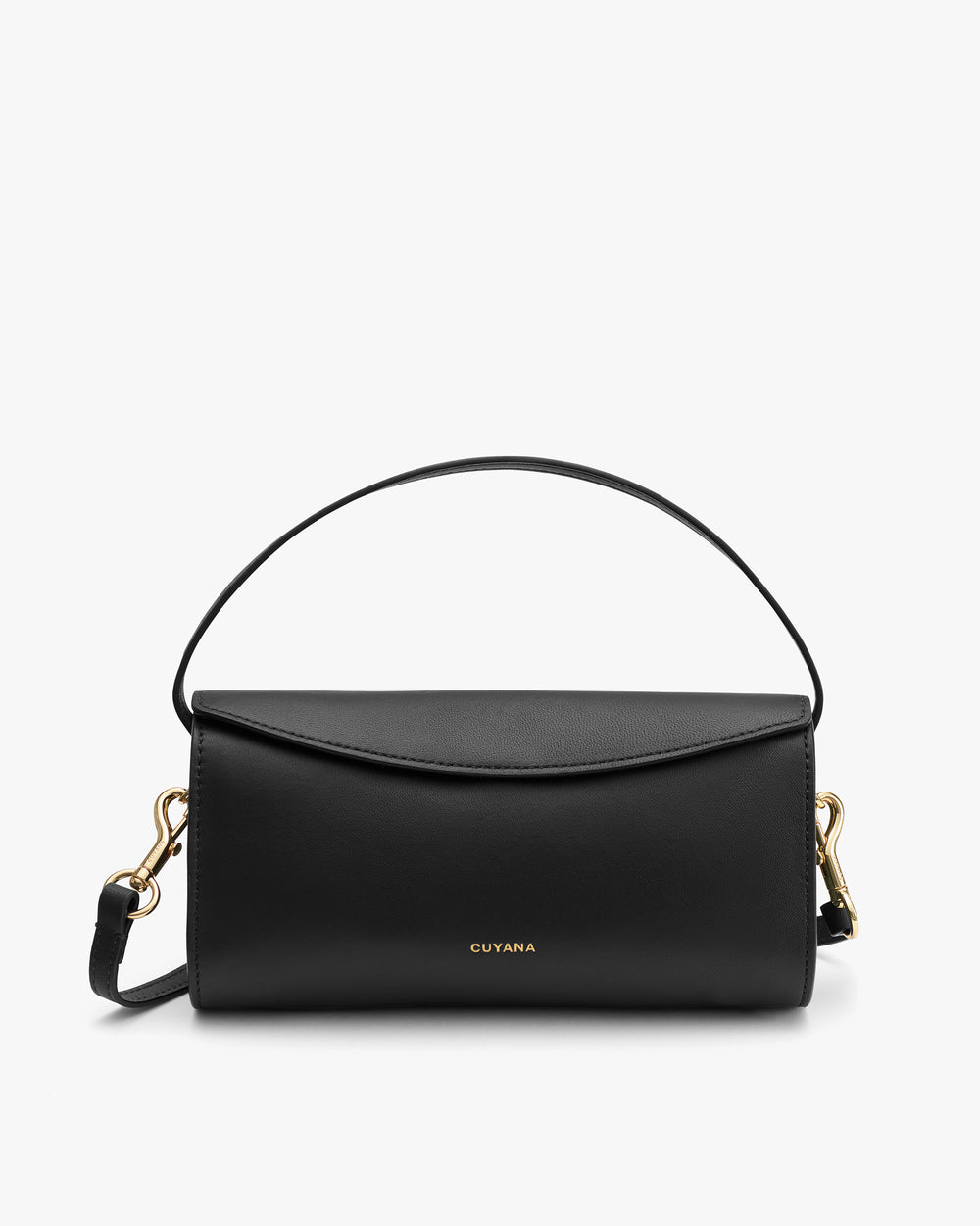 Handbag with a curved handle and detachable strap.