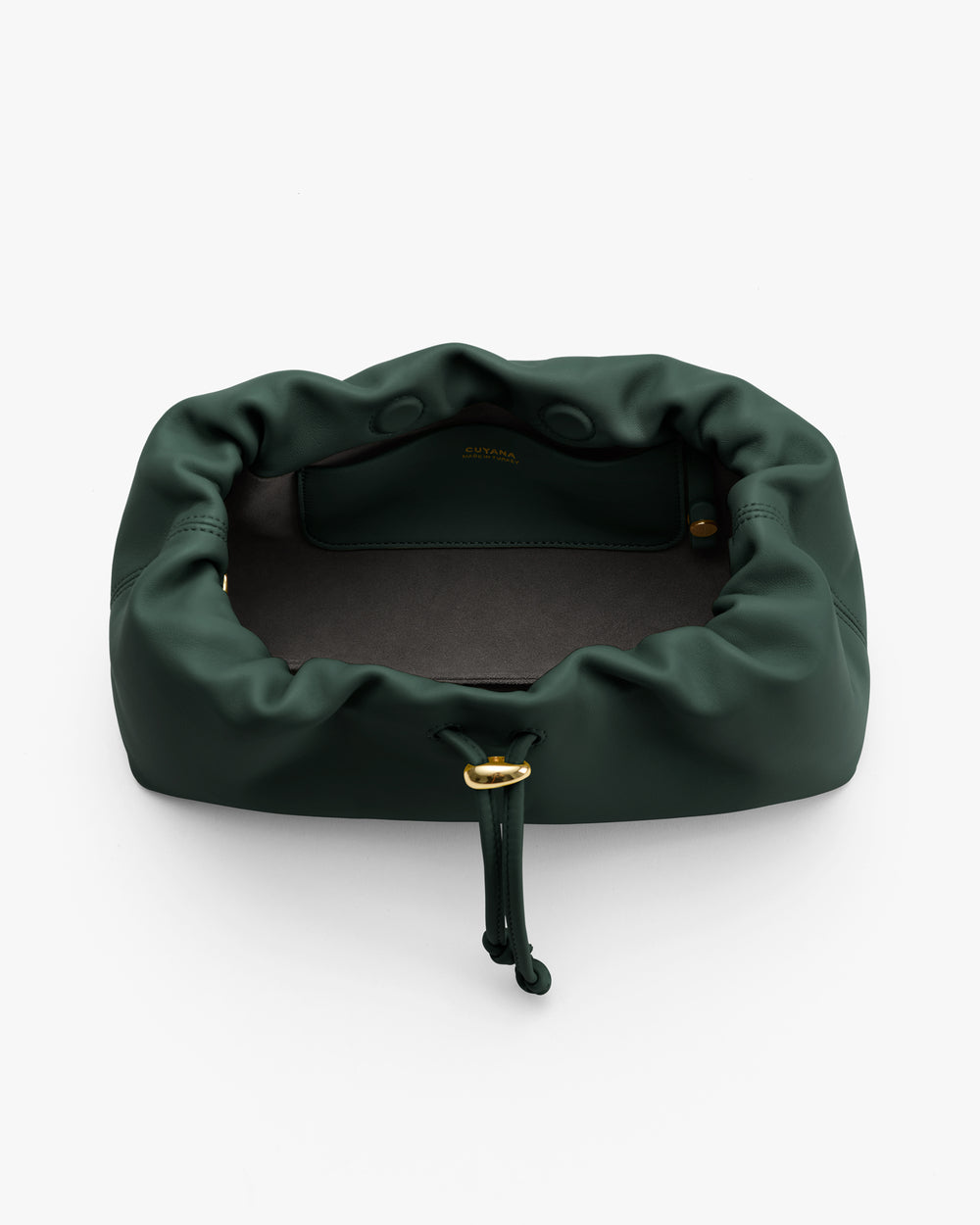 Open drawstring bag with visible interior pocket and gold accents.