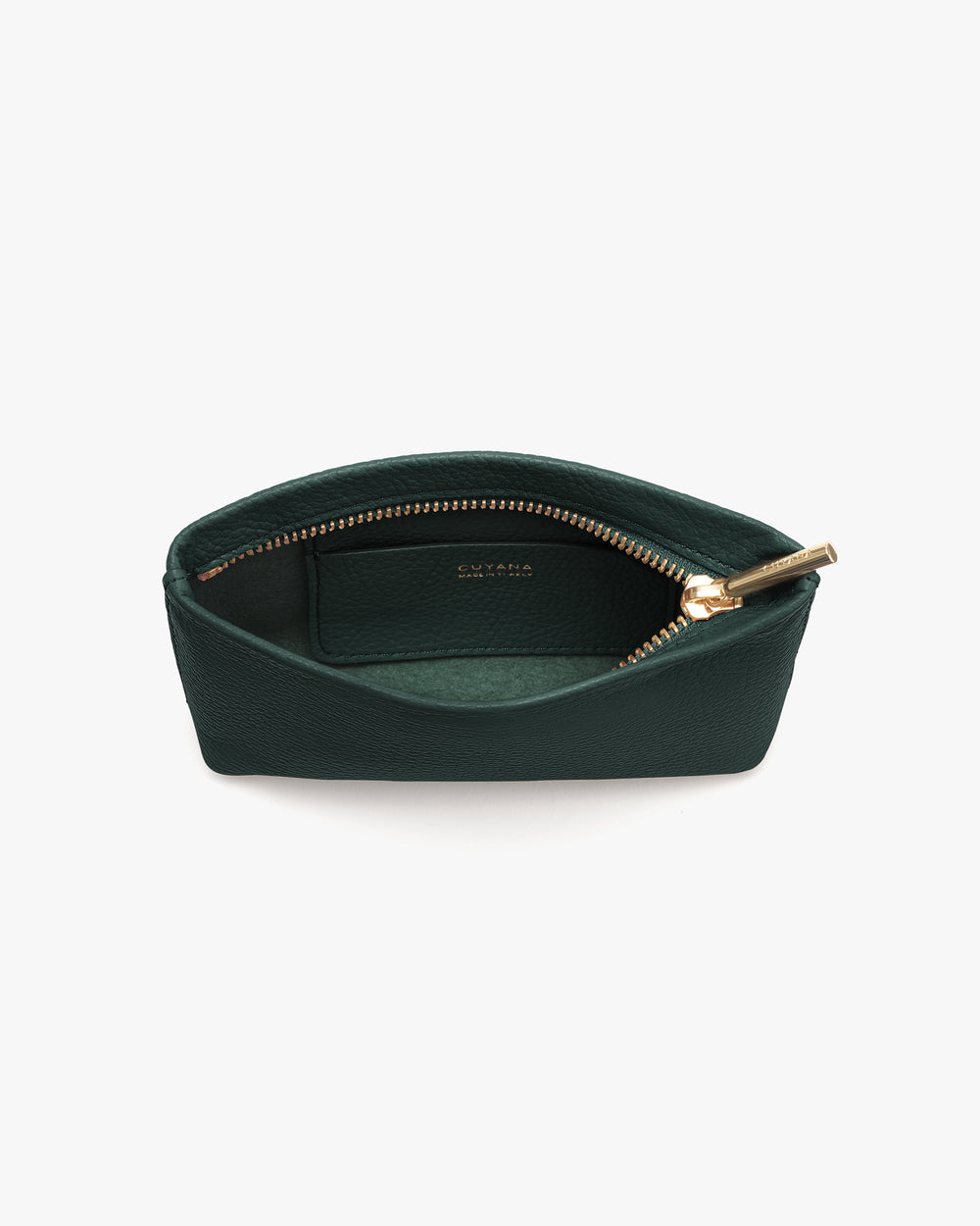 A small zippered pouch open, displaying the interior.