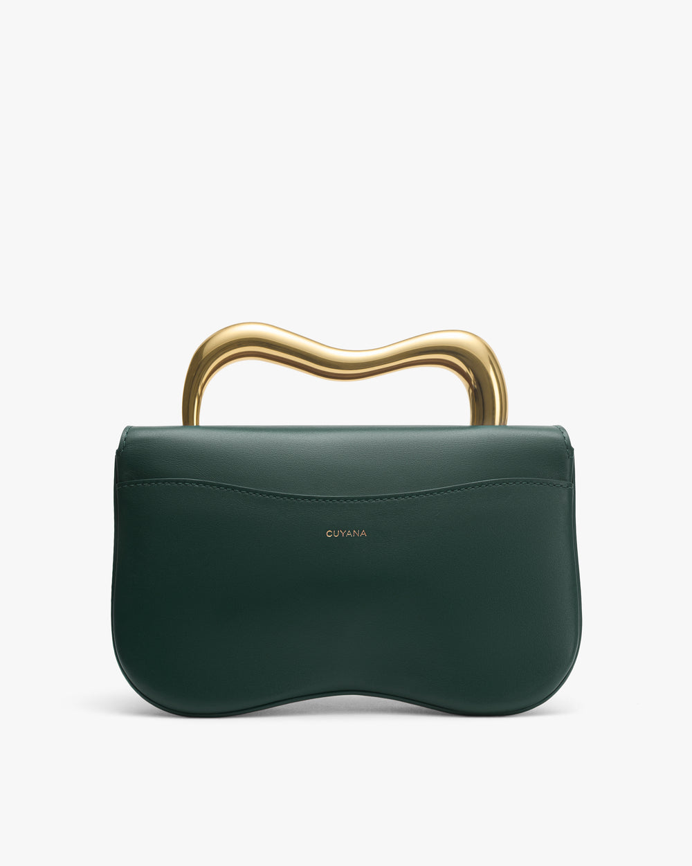 Handbag with curved metal handle and logo on front.