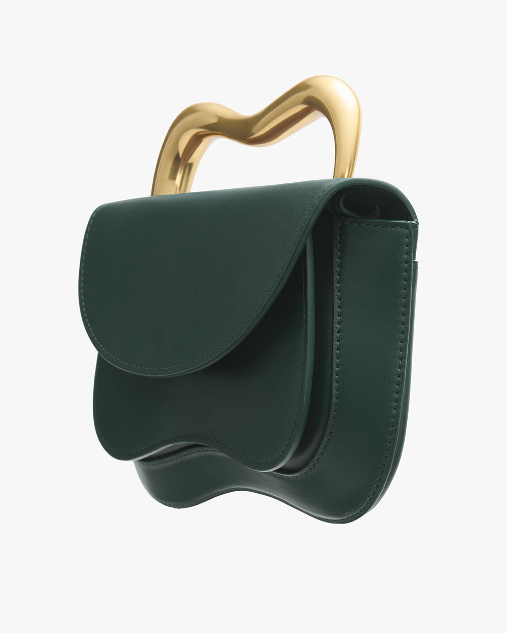 Handbag with a unique curved handle design.