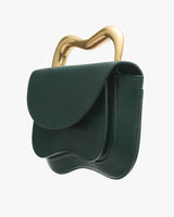 Handbag with a unique curved handle design.