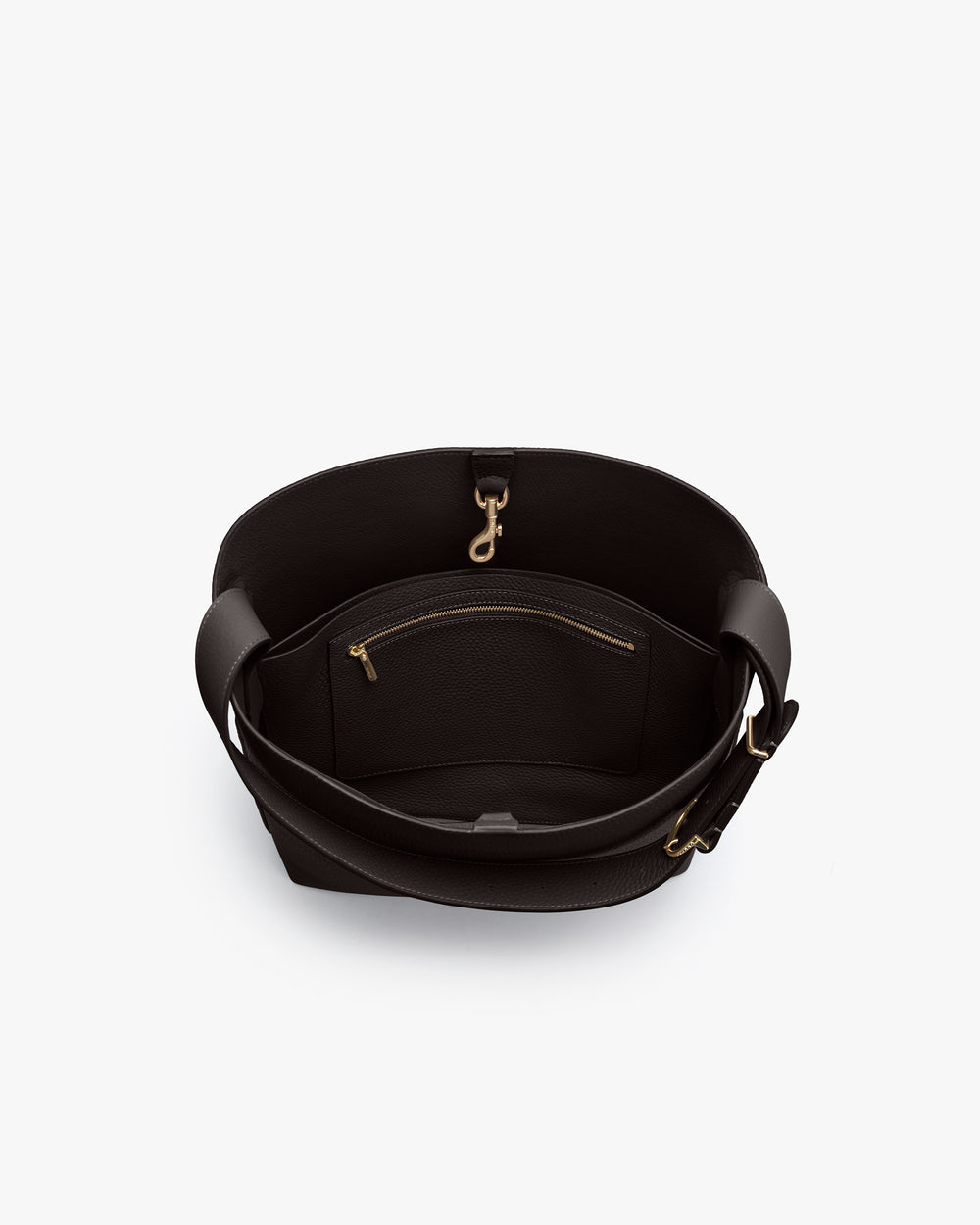 Open-top handbag with inner zip pocket and gold hardware.