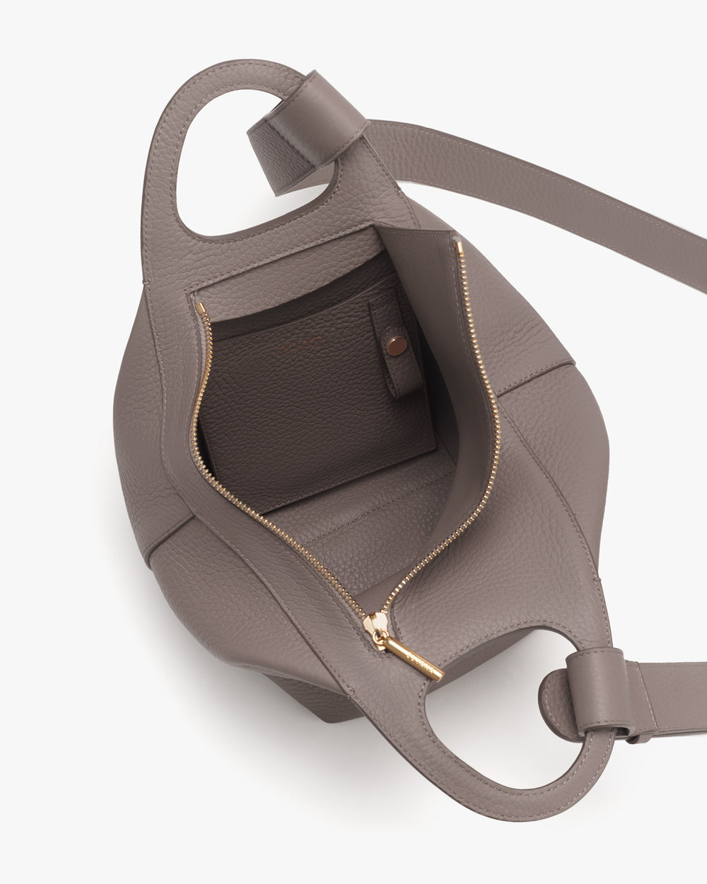 Open handbag with a zipper pocket and strap