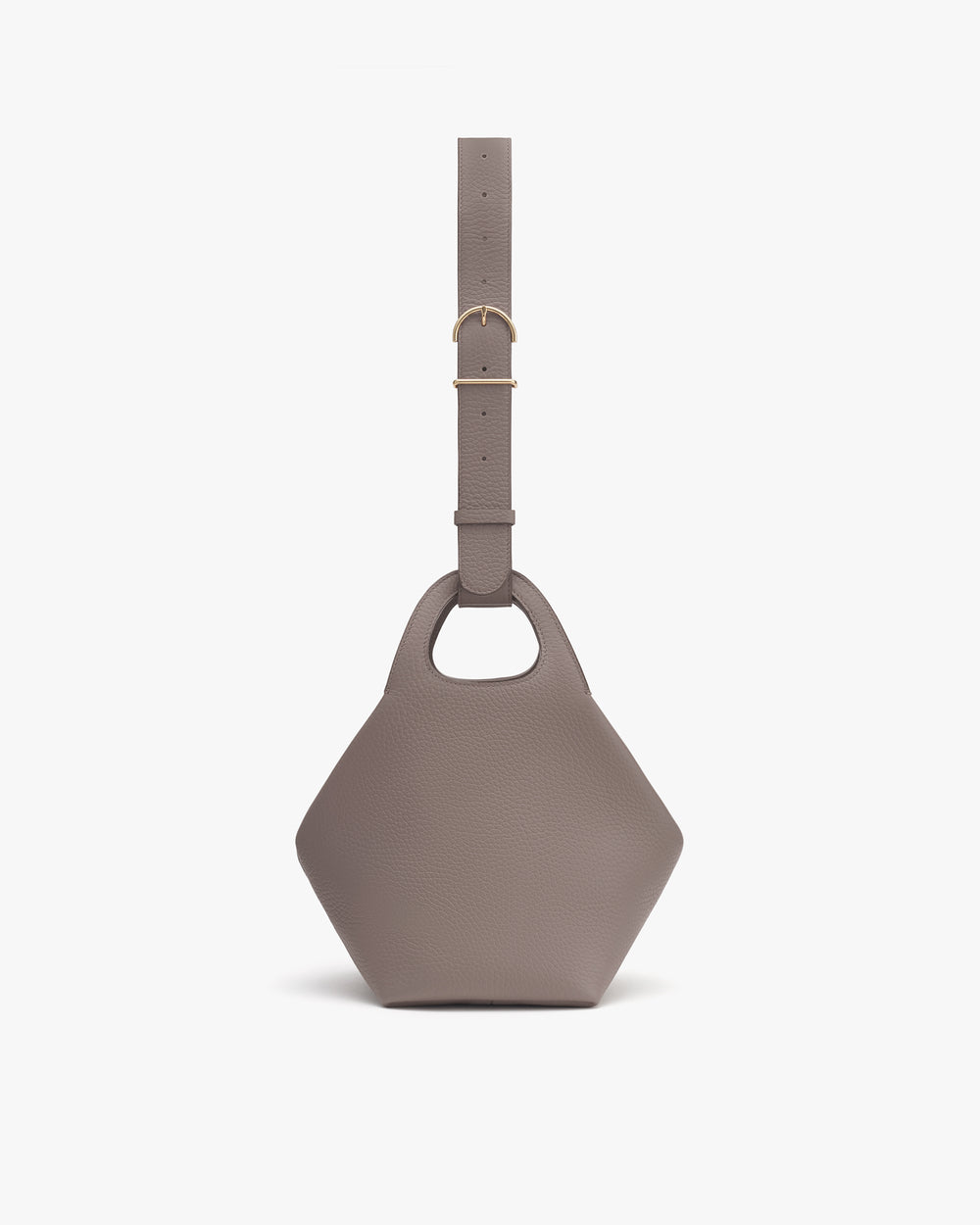 Hexagonal handbag with round handles and adjustable strap