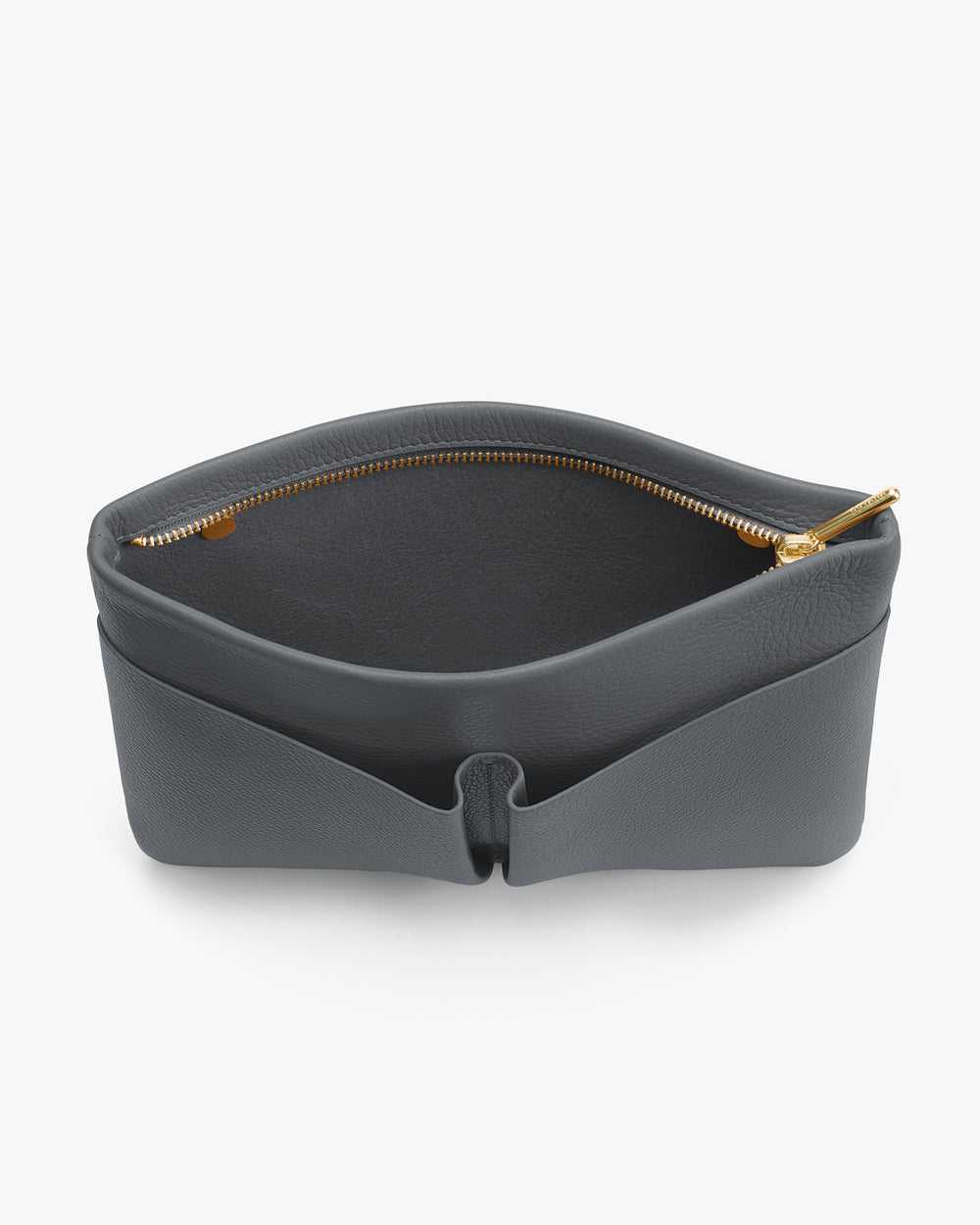 Open leather pouch with visible zipper.