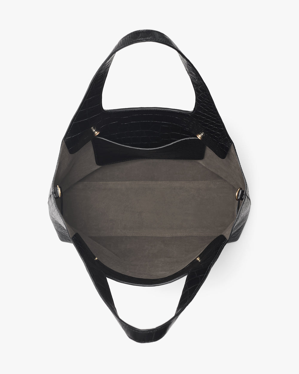 Open tote bag with croc-embossed leather and wide interior view.