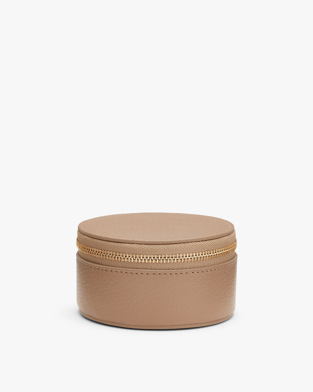 Round zippered jewelry case on white background.