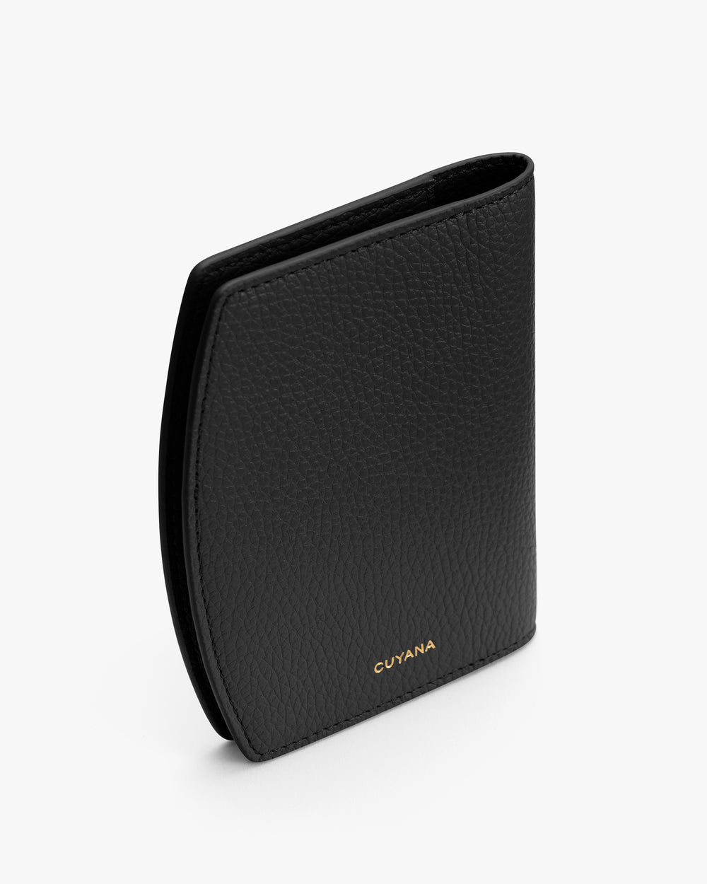 Folded passport cover with a brand logo on the back.