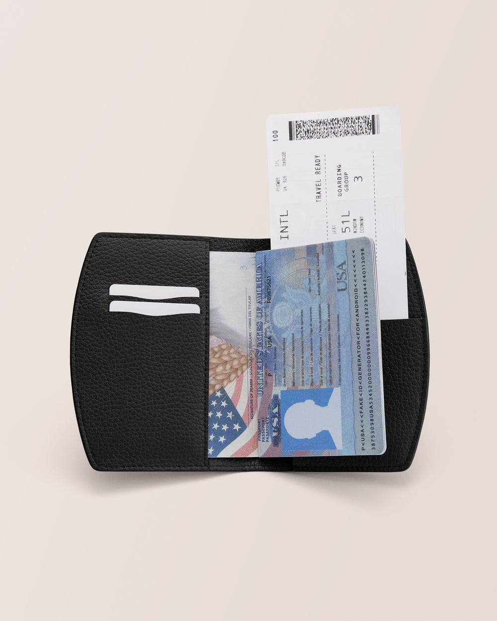 Open passport holder with a visible boarding pass and passport inside