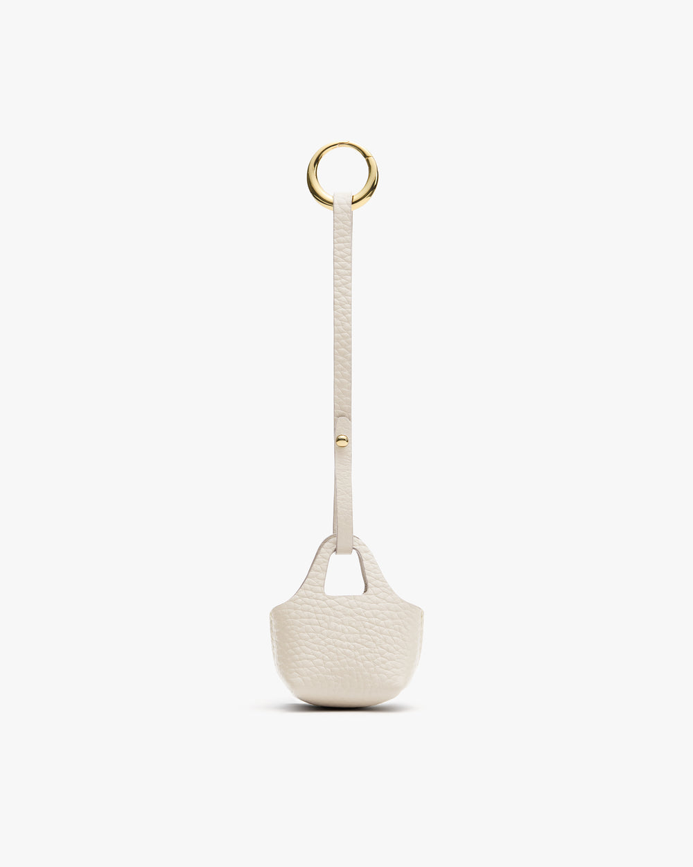 Small textured pouch with strap and circular metal ring at the top.