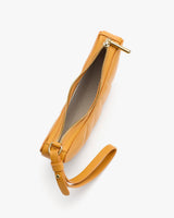 Wristlet with zipper closure and small strap viewed from above.