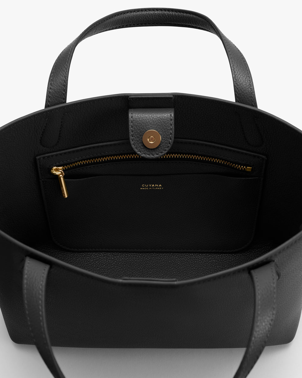 Open handbag with interior pocket and zipper