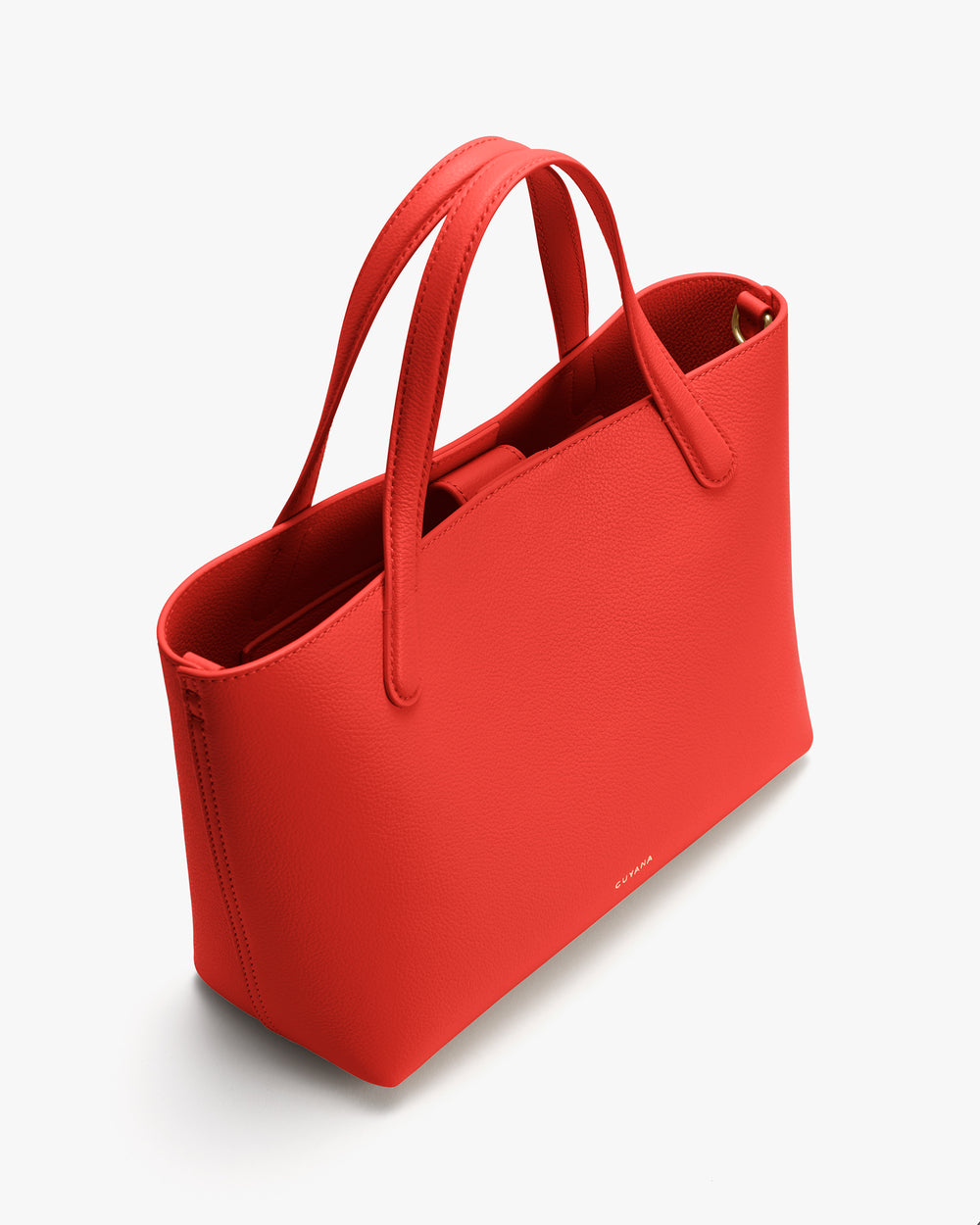 Tote bag with handles and open top on plain background.