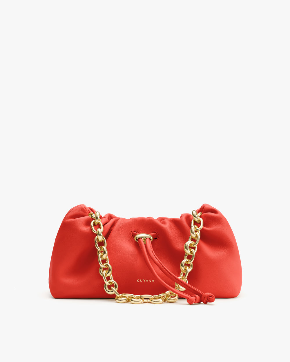 Small handbag with a chain strap and drawstring closure.