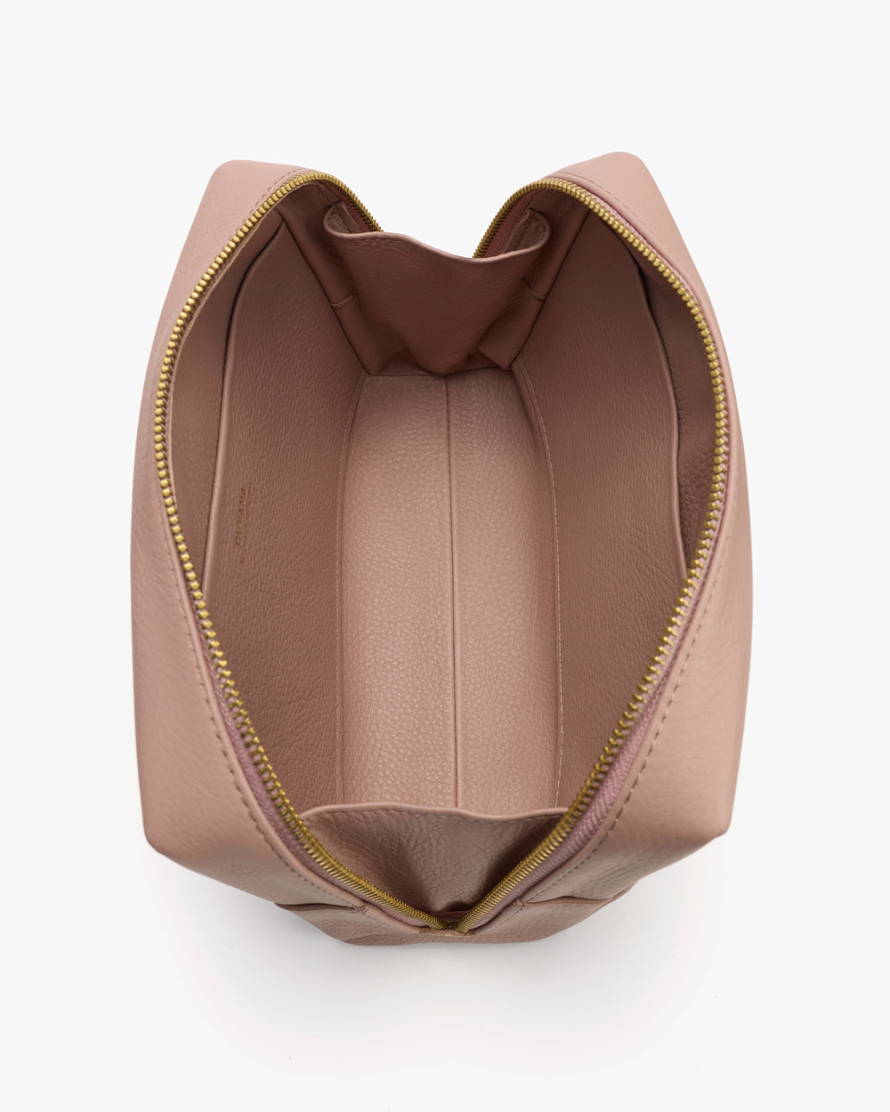 Open makeup bag with interior view and visible zipper edges