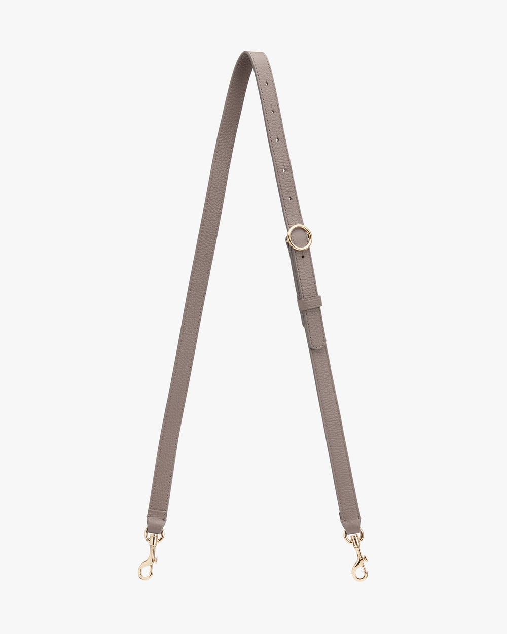 Bag strap with adjustable buckle and metal clasps at both ends.