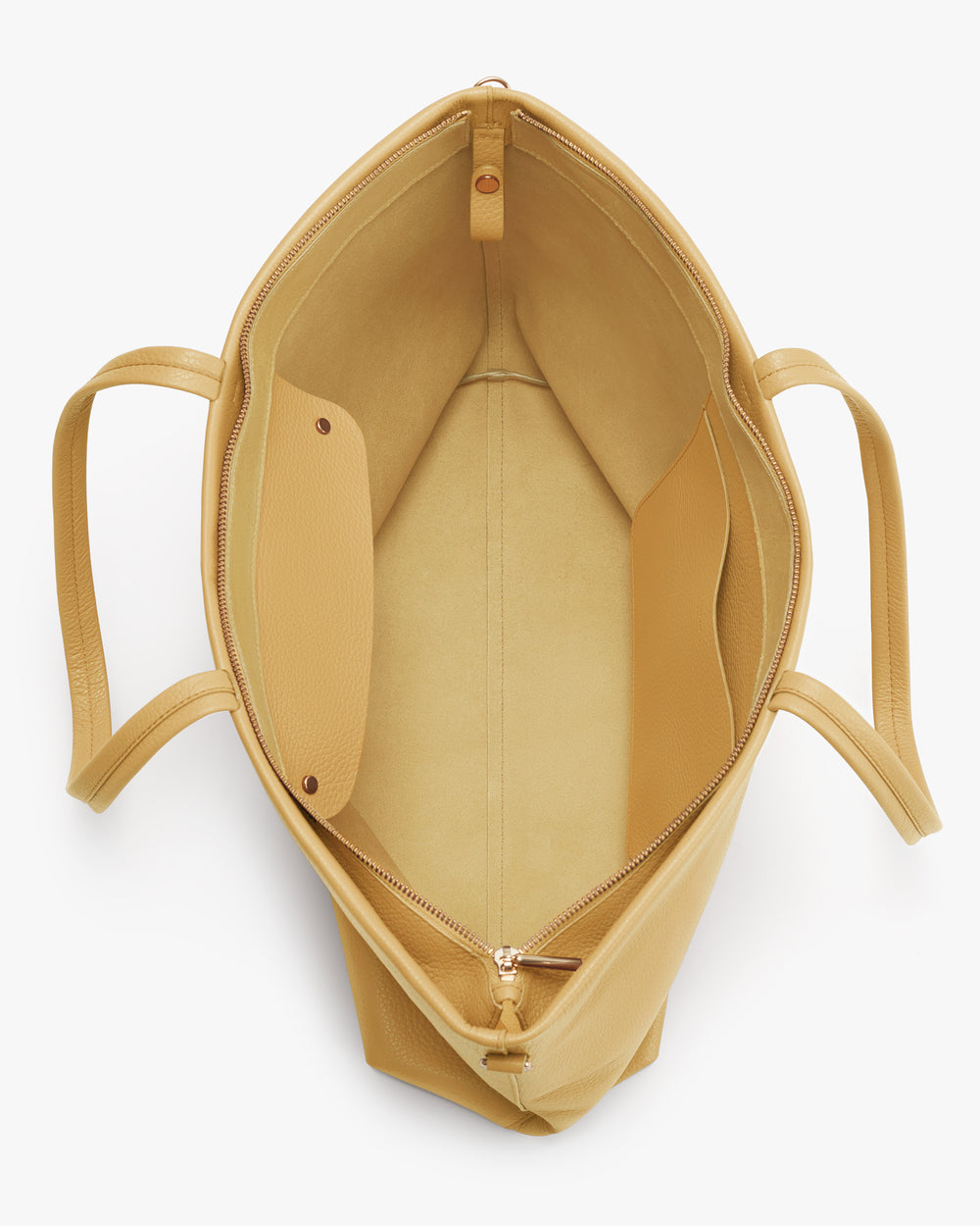 Open tote bag with an inner pocket and a zip closure.