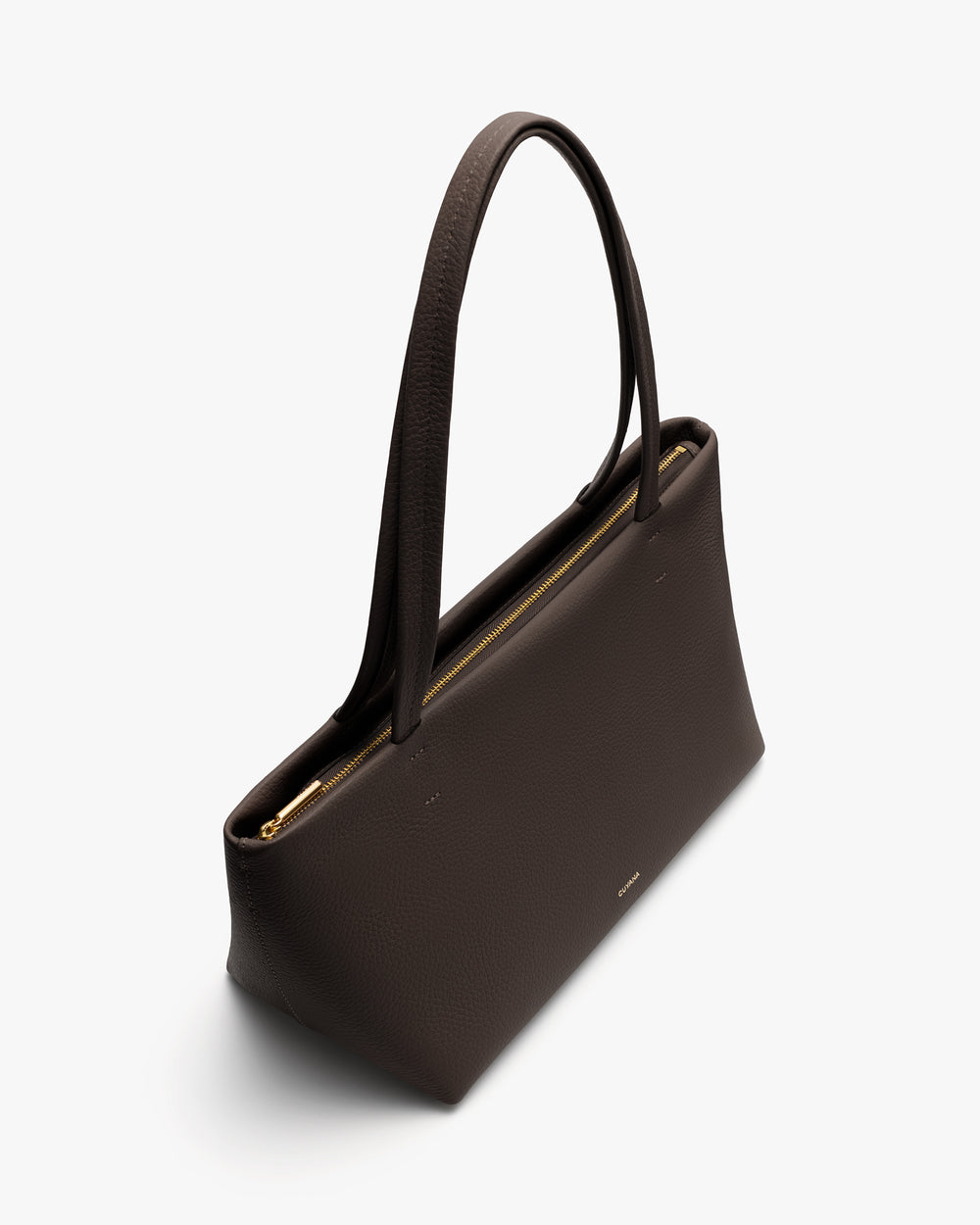 Tote bag with long handles and zippered top opening shown from a high angle.