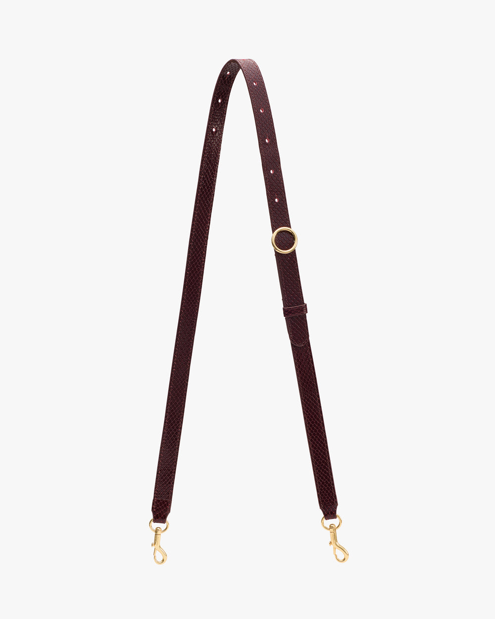 Bag strap with gold-toned clasps and adjustable buckle.