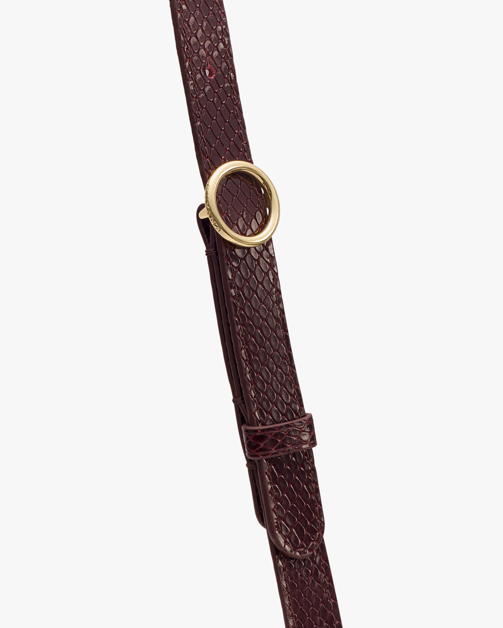 Leather strap with croc-embossed pattern and gold buckle.