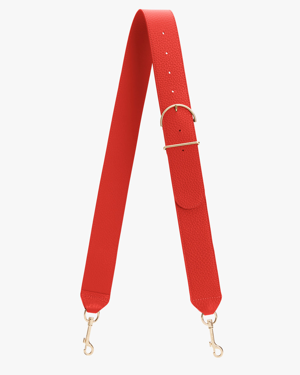 Bag strap with metal clasps and adjustable buckle.