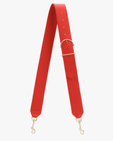 Bag strap with metal clasps and adjustable buckle.