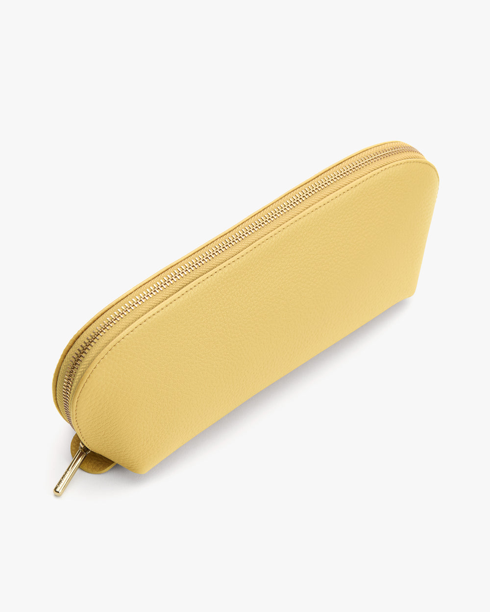 Rectangular zippered pouch with curved edge viewed from above.