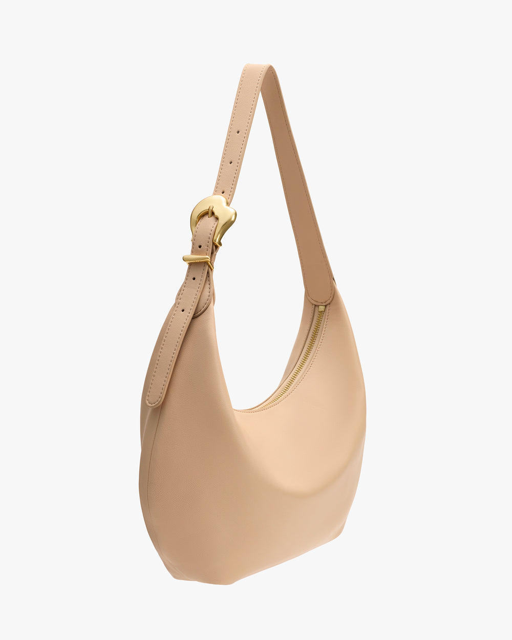 Hobo bag with a curved shape and adjustable strap.