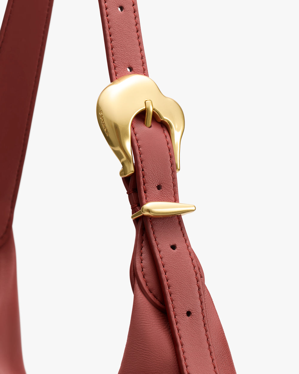 Close-up of a bag strap with a shiny metal buckle design.