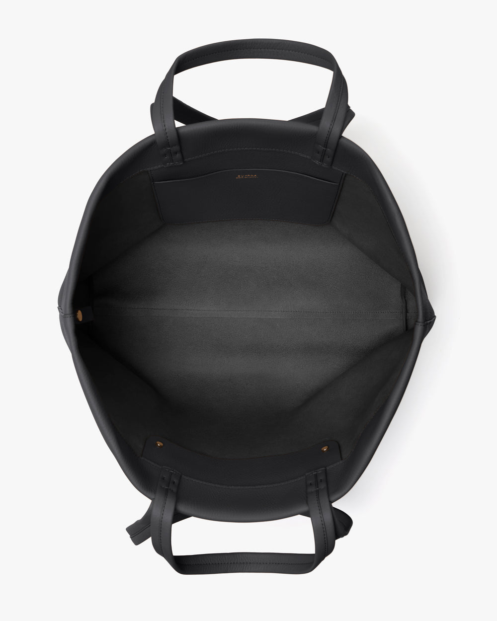 Top view of an open travel bag with handles and a pocket inside.