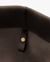 Close-up of a seam and button detail on a leather item.