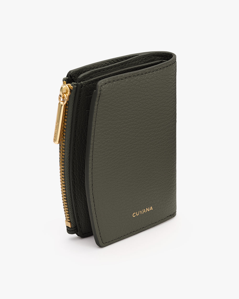 Compact folded wallet with zipper and logo.