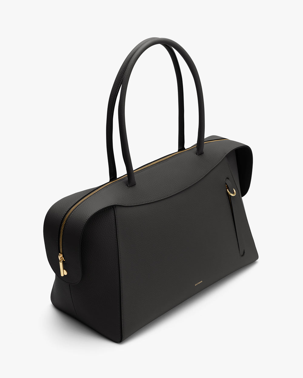 Tote bag with zipper closure and long handles.