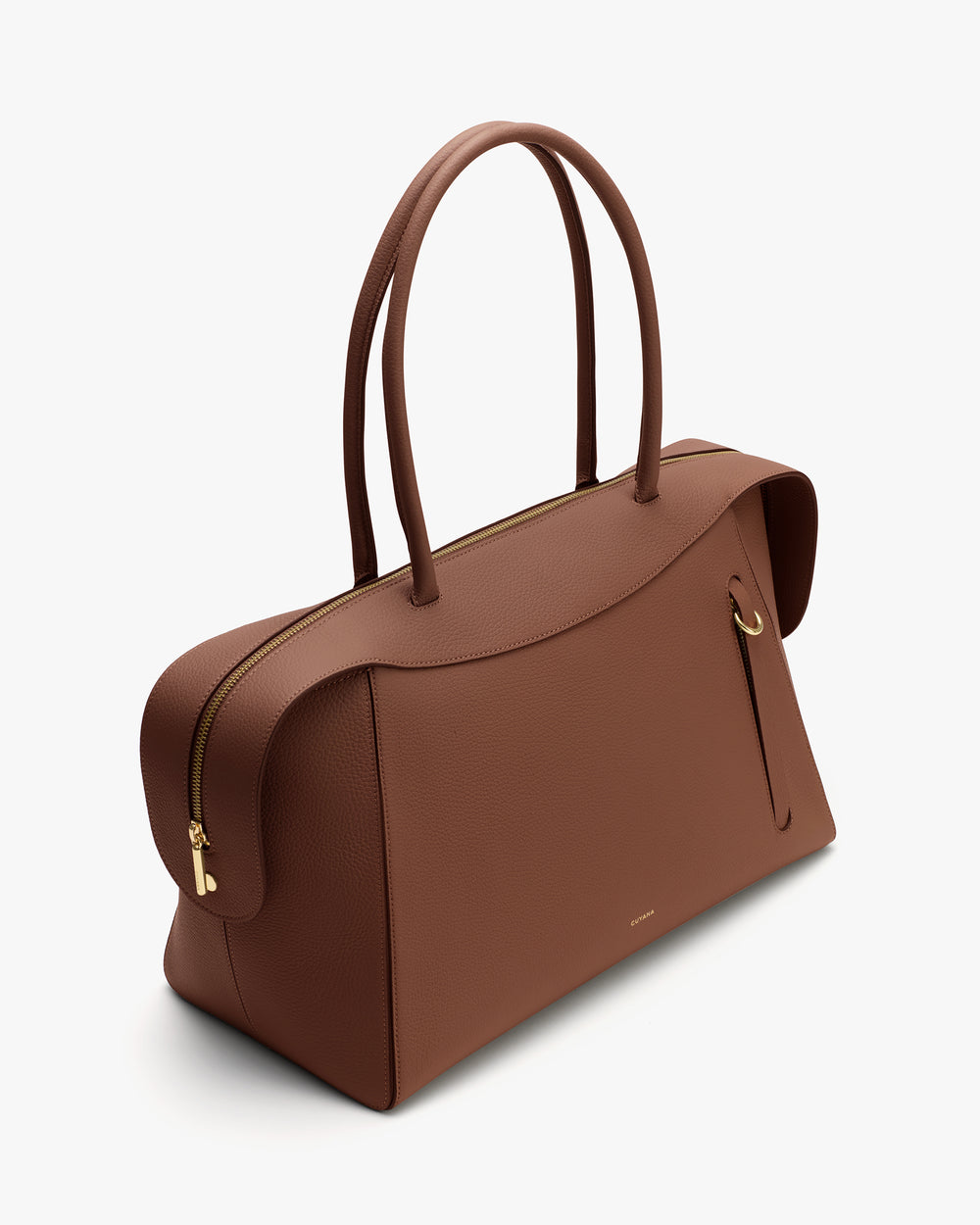 Handbag with long handles and a curved zipper on the top.