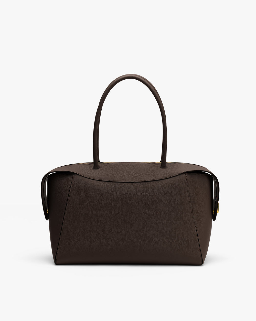 Handbag with curved handles and rectangular body on a plain background.