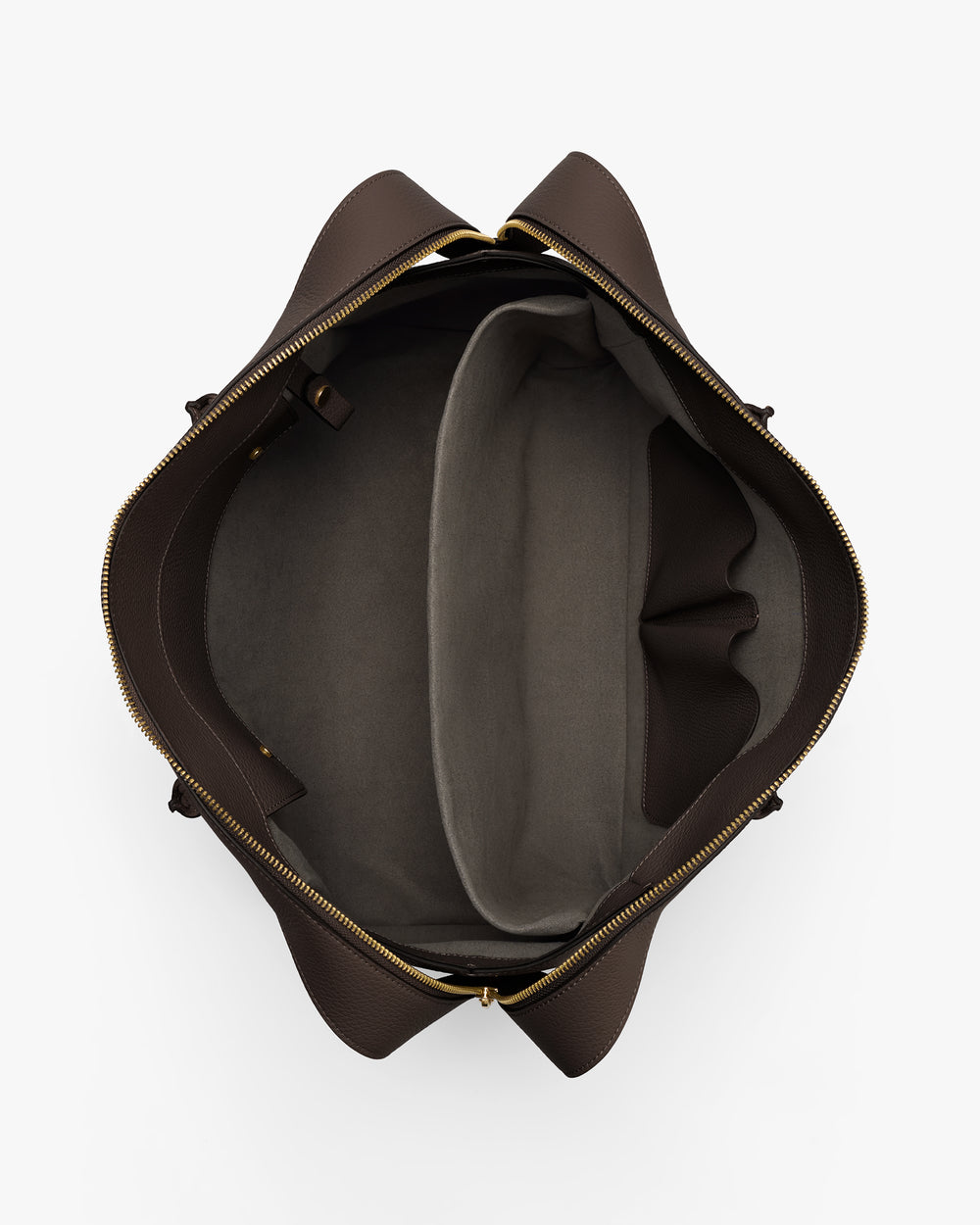 Open travel bag with multiple compartments and a zipper closure.