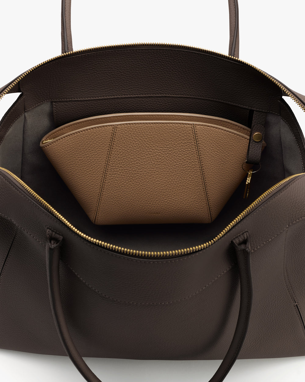 Open tote bag with a zip pouch inside.