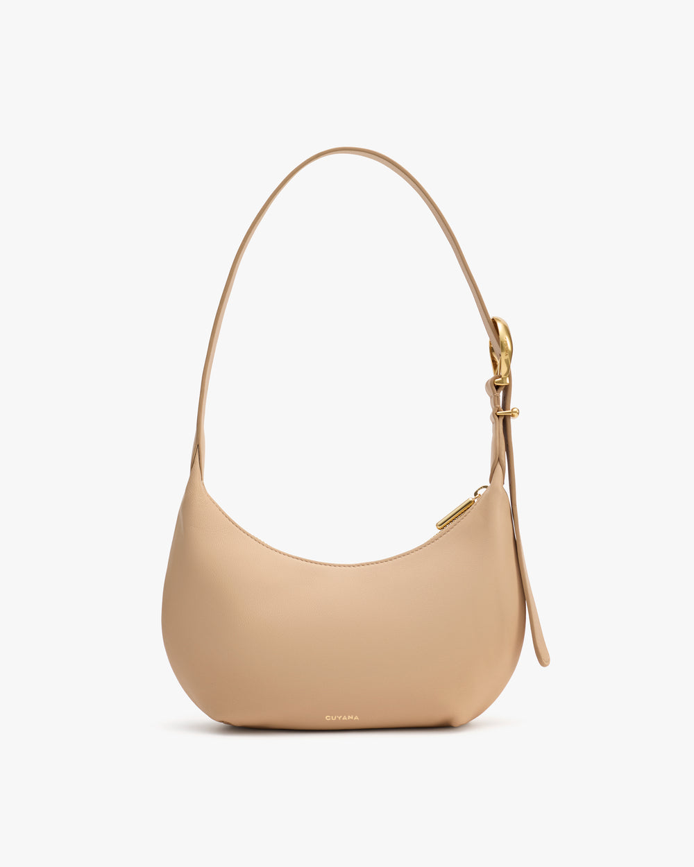Shoulder bag with a curved shape and a short handle.
