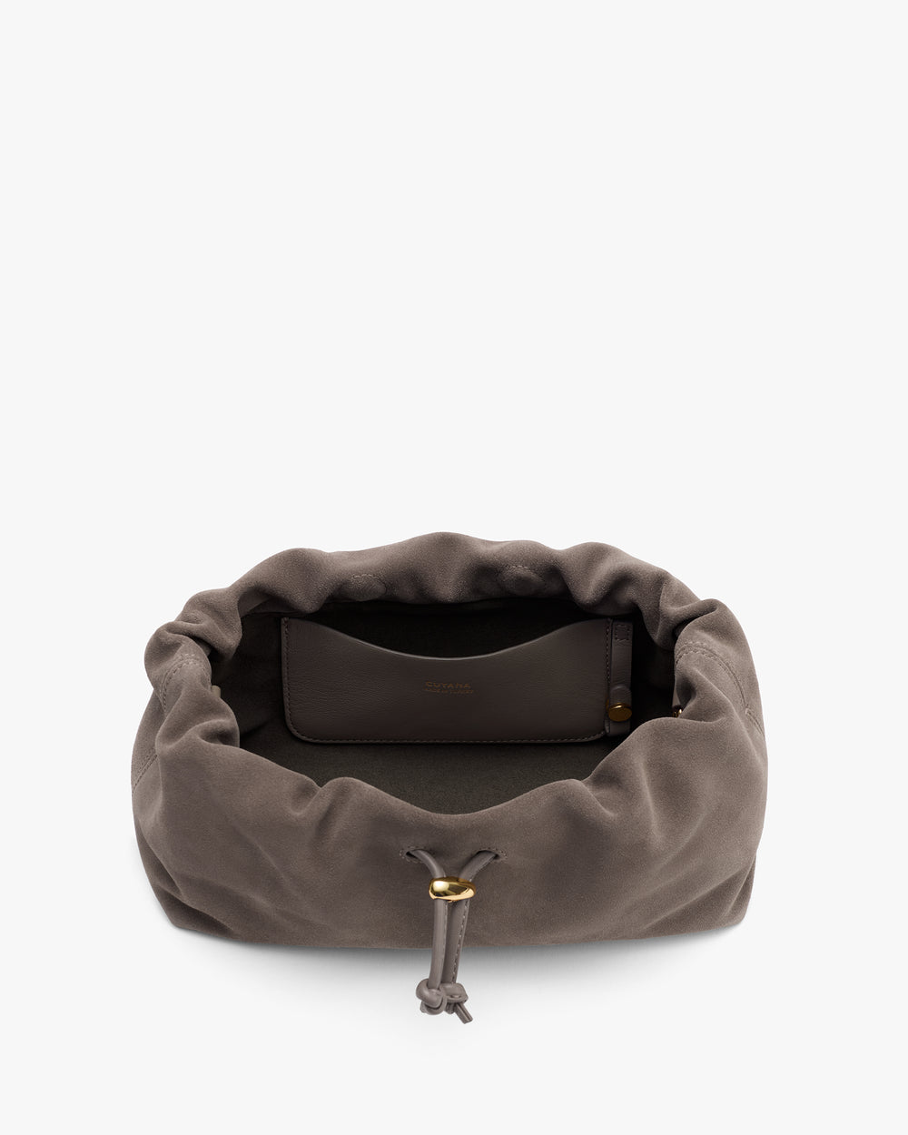 Open drawstring pouch with a pocket inside.