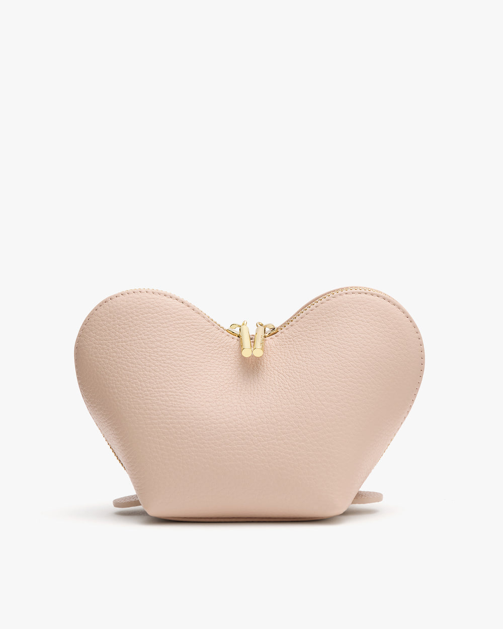 Heart-shaped zippered bag with small handle at base.